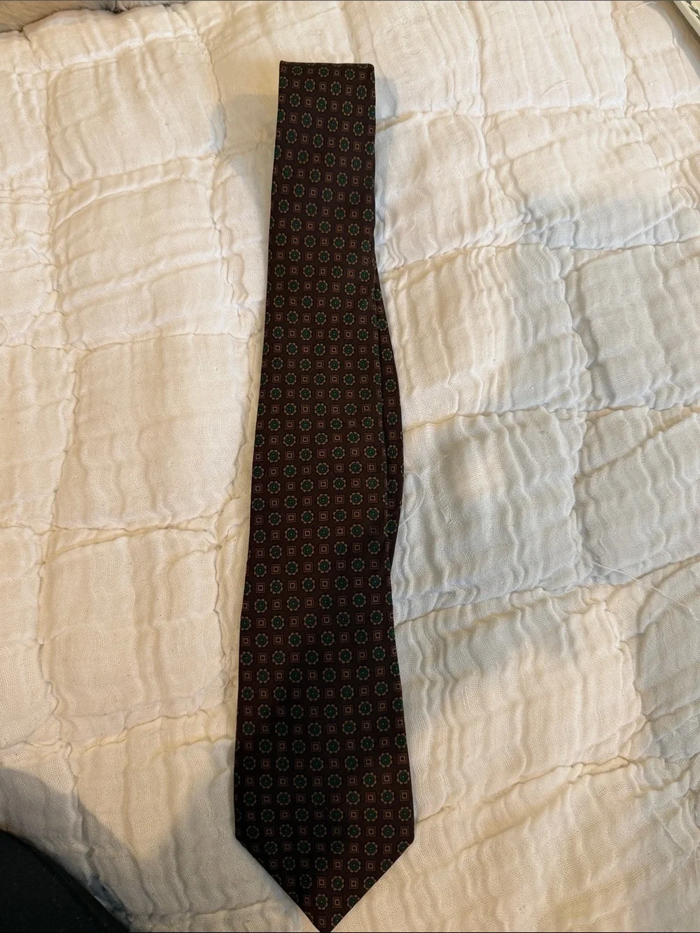 J. Crew Brown Geometric Silk-Blend Tie with Green Accents